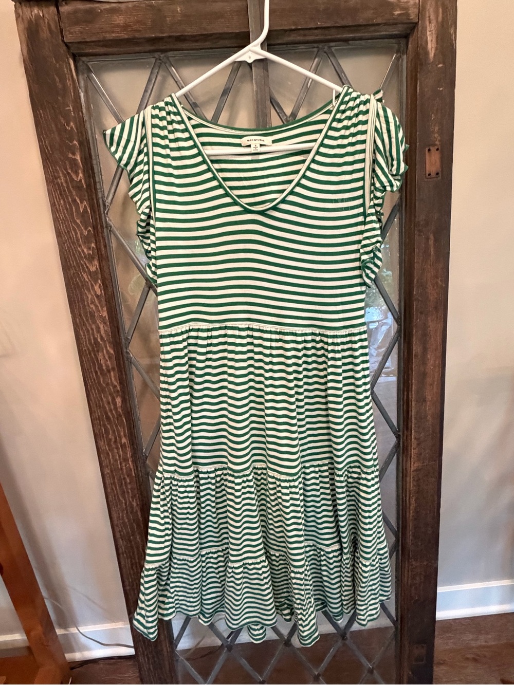 Max Studio  Green and White Striped Tiered Dress